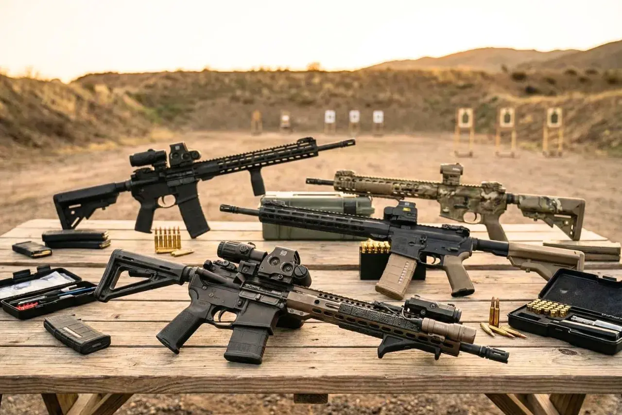 Kilka karabinów AR15 z akcesoriami na drewnianym stole, na tle strzelnicy.